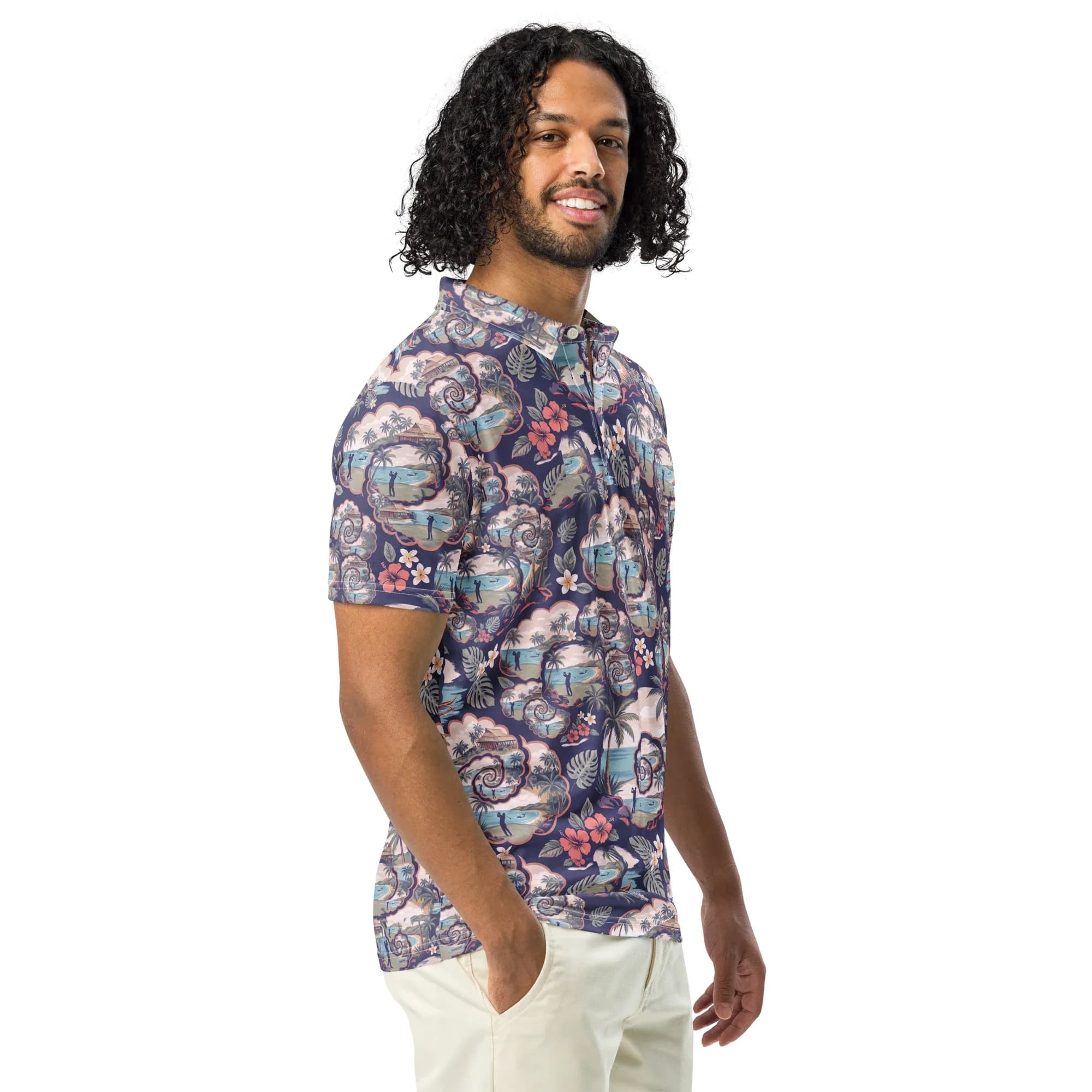 Kapalua Fractal Windows Golf Polo: aloha-style print of nested windows with tiny golfers