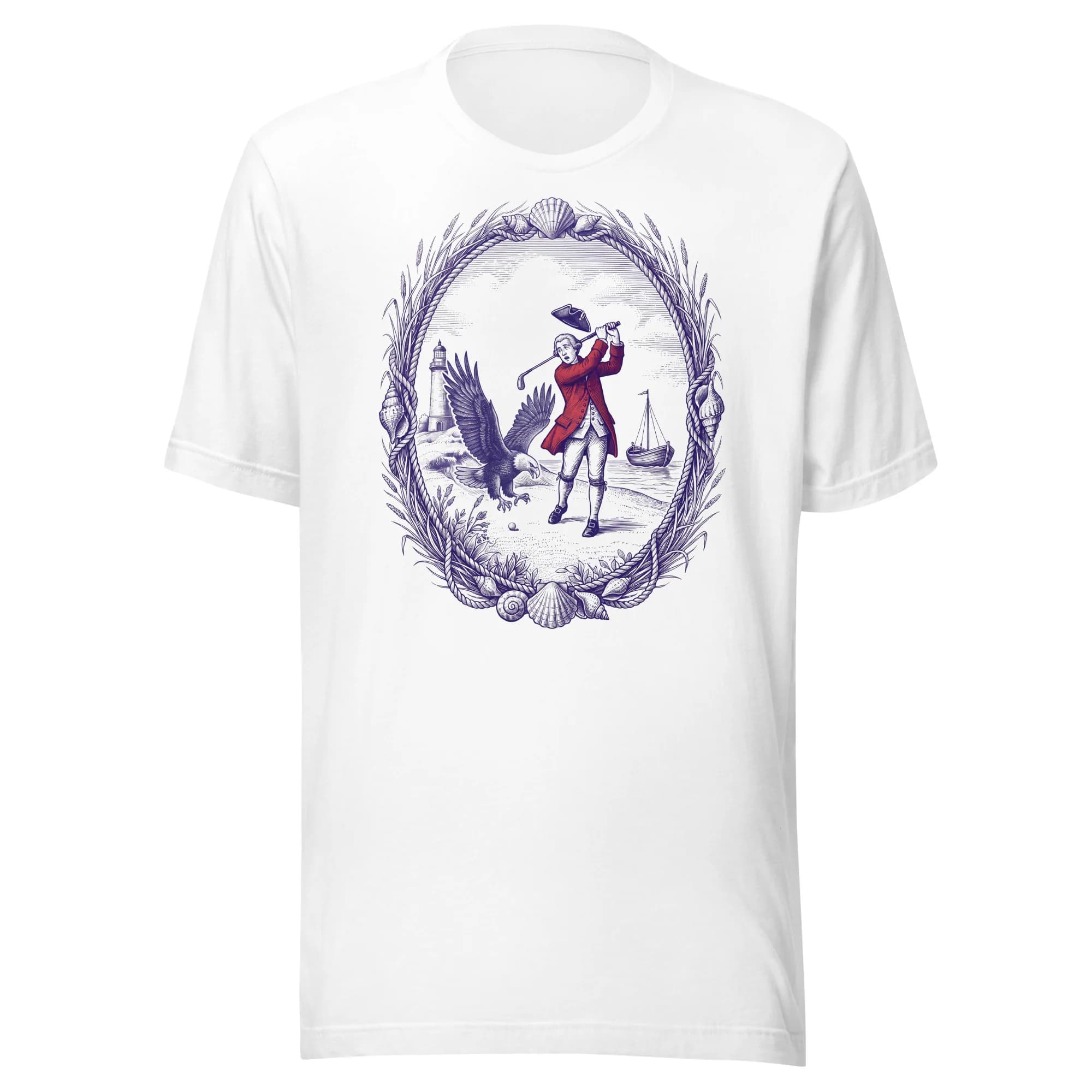 Seaside Links Mischief Tee in white: navy toile engraving of a golfer and a diving bald eagle