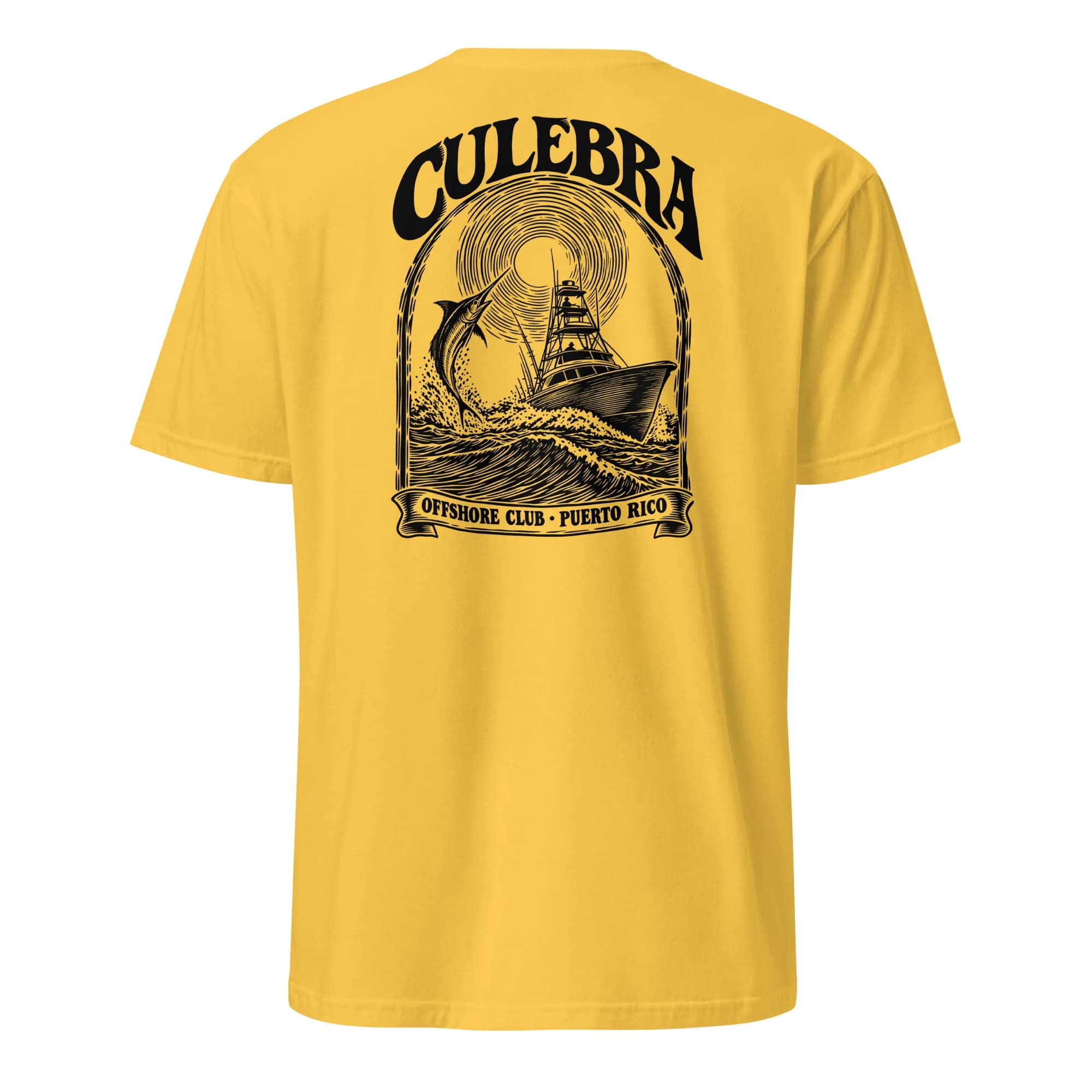 Culebra Offshore Club Tee with a woodcut sportfishing boat and leaping marlin