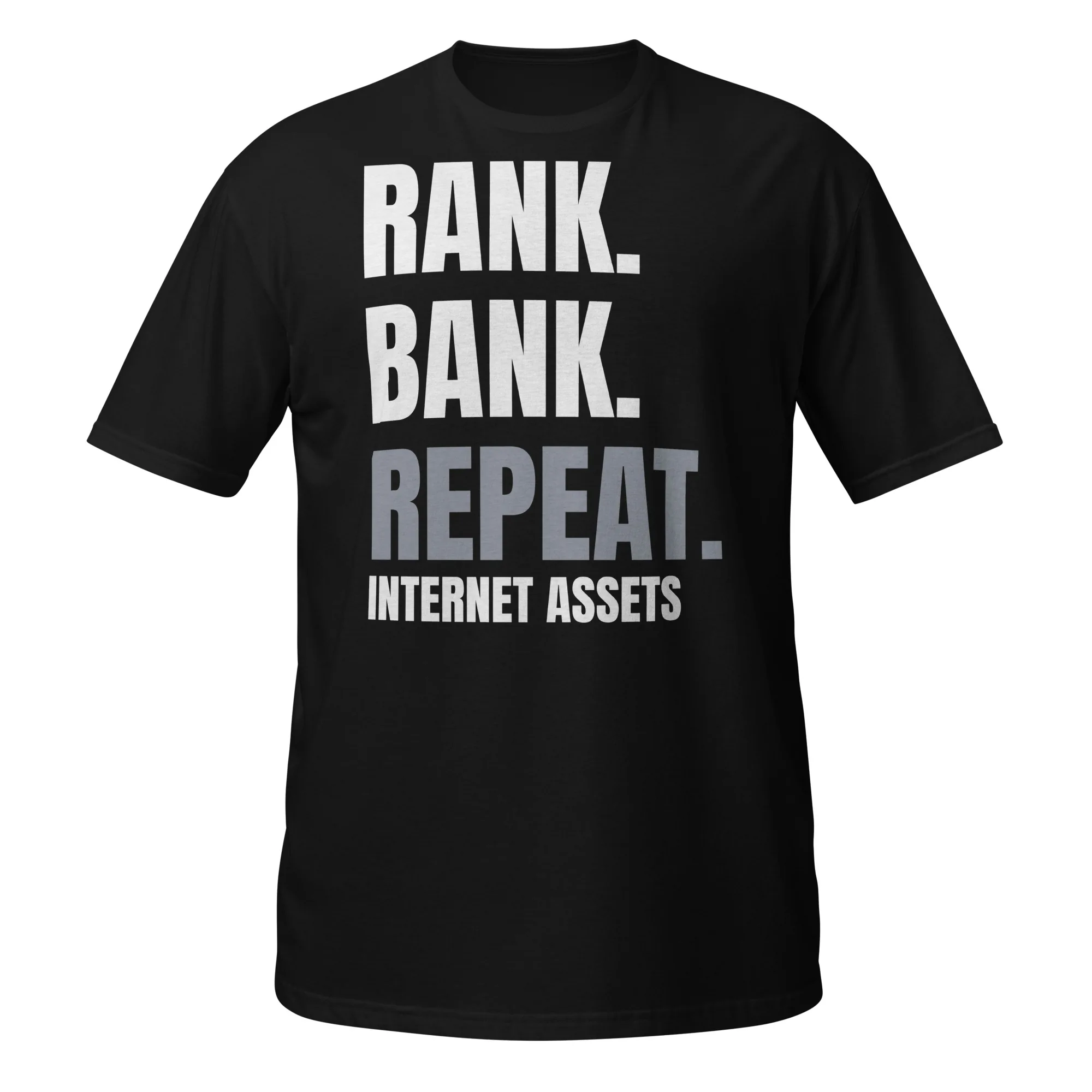 INTERNET ASSETS Rank. Bank. Repeat. Tee thumbnail, Black