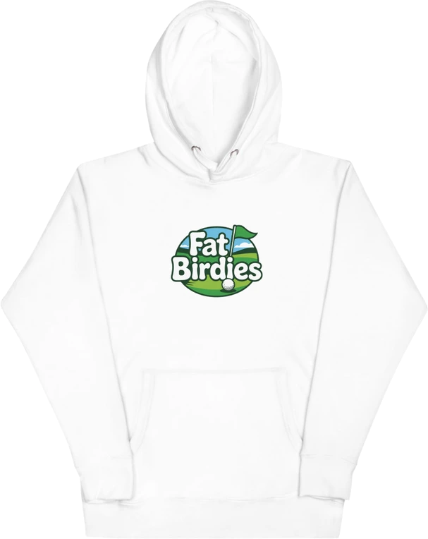 Fat Birdies premium pullover hoodie in white, front view